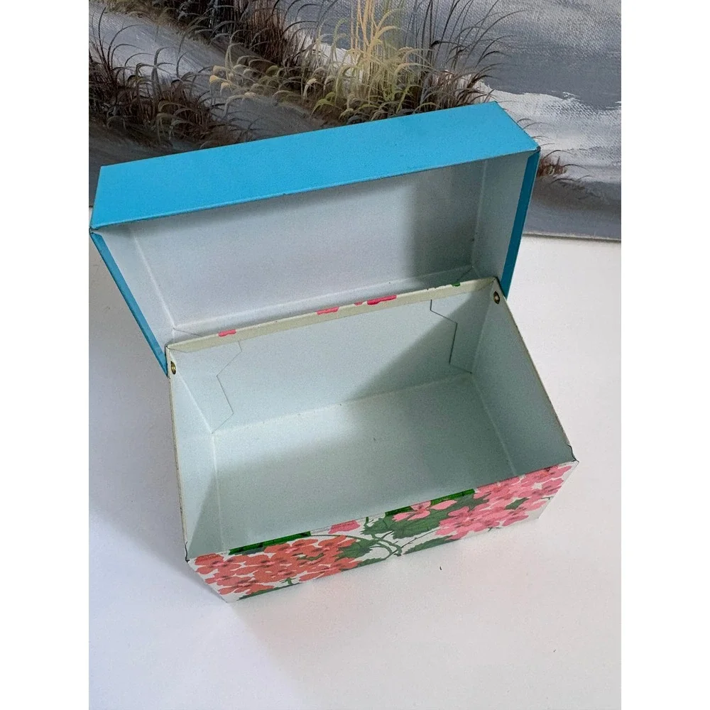Vintage Ohio Art Floral Metal Tin Blue Lid Geranium Butterfly Storage Box